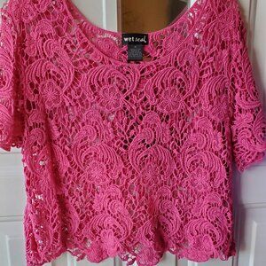 Women's Hot Pink Crochet Crop Top - Size Medium  - Used